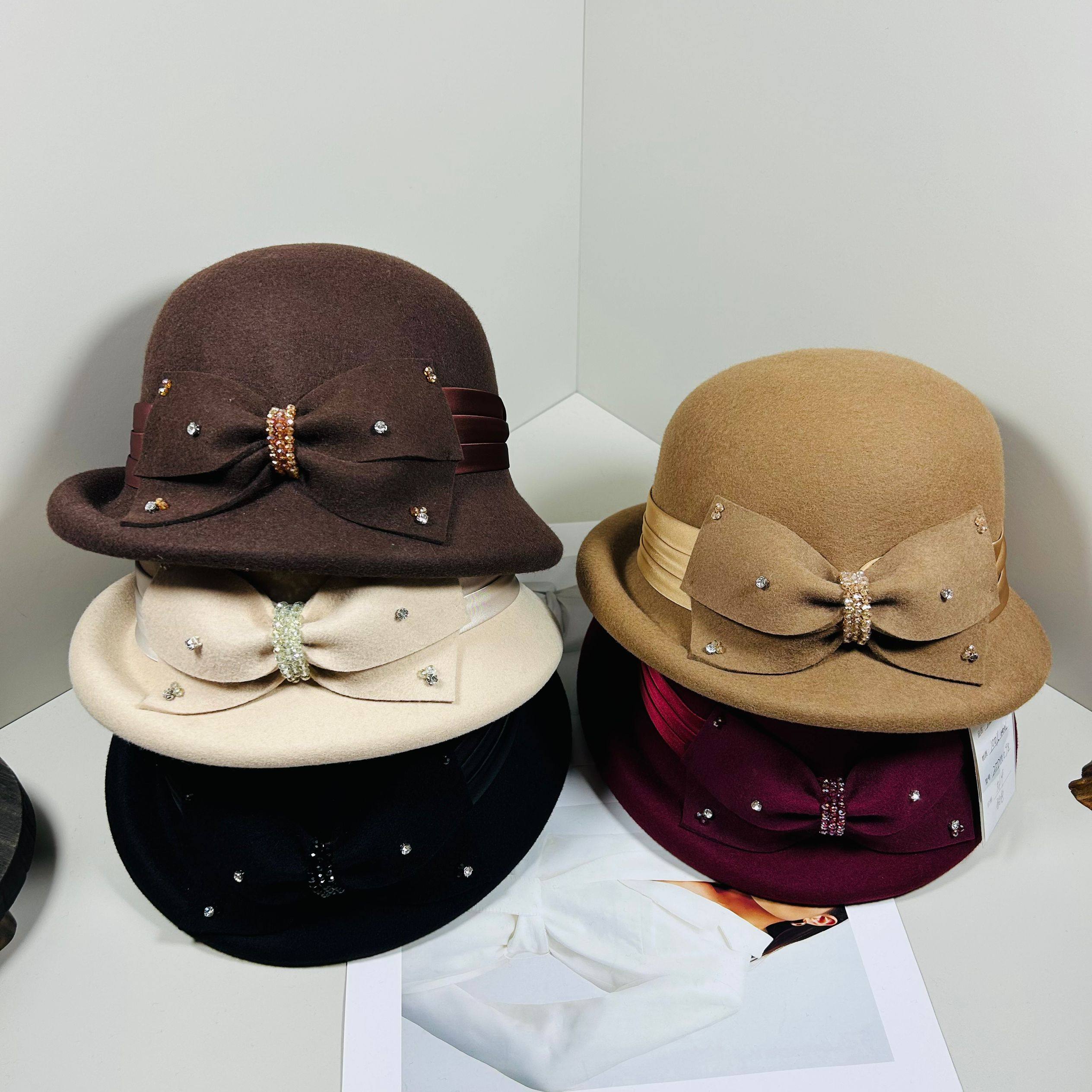 2025秋冬新款澳洲羊毛重工手缝镶钻蝴蝶结礼帽女时尚百搭优雅盆帽,服饰配件/皮带/帽子/围巾,帽子,淘宝优惠券,粉丝福利购,淘宝优惠卷
