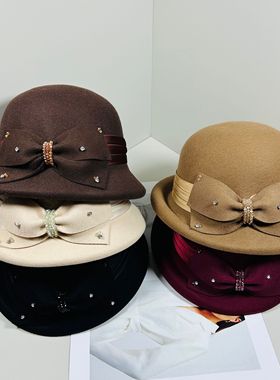 2025秋冬新款澳洲羊毛重工手缝镶钻蝴蝶结礼帽女时尚百搭优雅盆帽