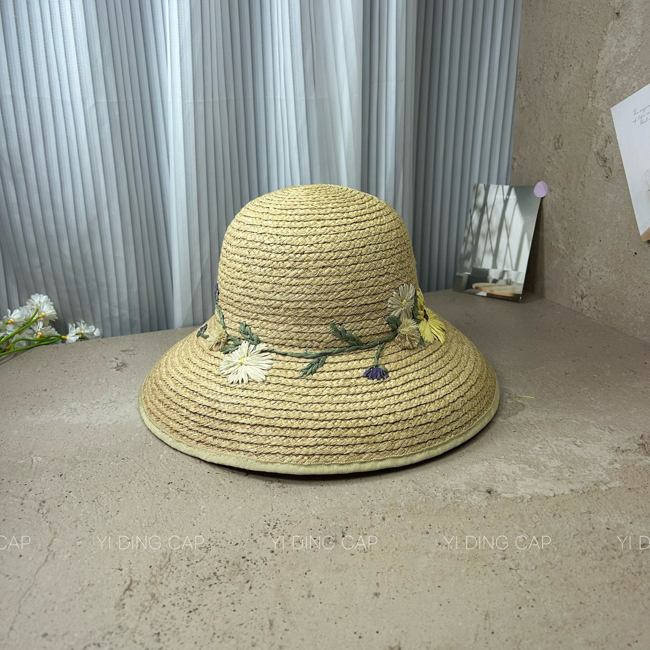 日系拉菲草刺绣小花渔夫帽女夏