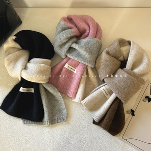 奶系三色拼接韩版 针织小围巾女简约百搭纯色保暖围脖学生