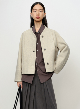 BLUEWEDIAN秋冬简约短款小V领羊毛大衣女肌理感加厚毛呢外套