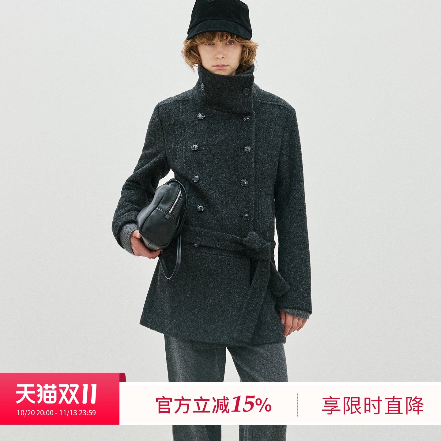 BLUEWEDIAN2026冬季新品时尚单面阿尔巴卡立领双排扣直身大衣外套
