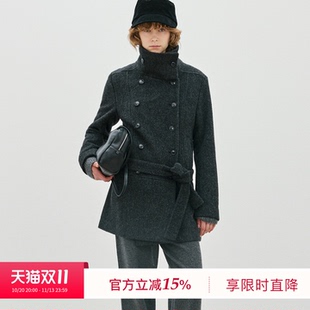 BLUEWEDIAN2026冬季新品时尚单面阿尔巴卡立领双排扣直身大衣外套