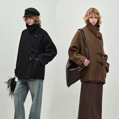 BLUEWEDIAN时尚羊毛混纺静奢中长款木头扣毛呢外套