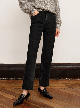 BLUEWEDIAN百搭弹力牛仔裤秋冬高腰磨边法棍裤女士九分直筒裤