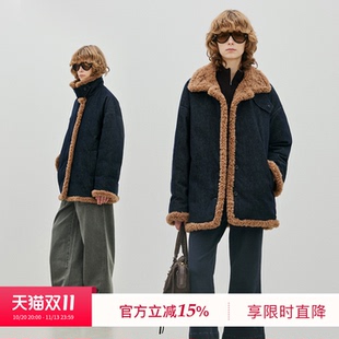 BLUEWEDIAN2026冬季新品全棉黄色格纹内里拼毛领长款牛仔羽绒服