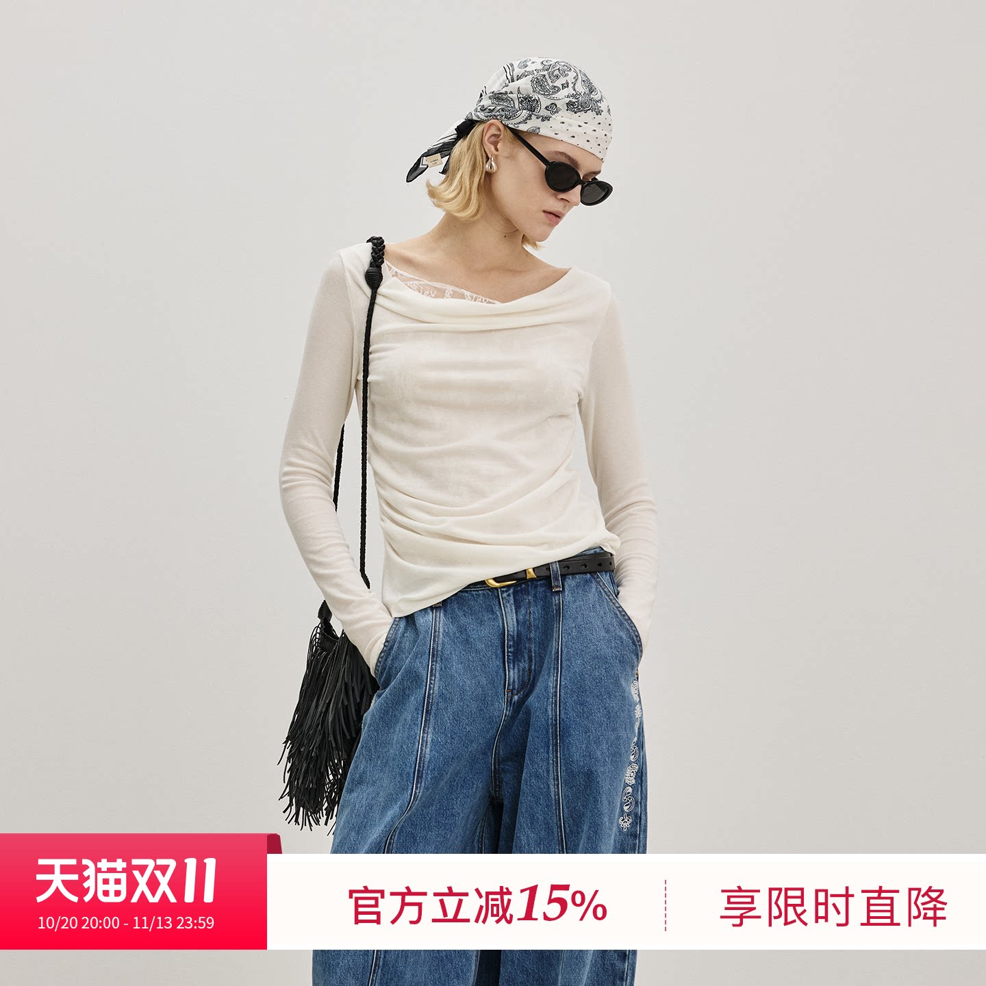 BLUEWEDIAN2026新款秋季不对称蕾丝假两件荡领长袖T恤女浪漫气质