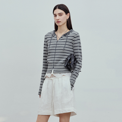 BLUEWEDIAN26春季新品羊绒混纺柔软修身条纹连帽拉链开衫女显瘦