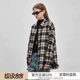 BLUEWEDIAN春秋季宽松毛边黑白格纹翻领衬衫上衣外套女