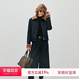 BLUEWEDIAN2026冬季新品全棉黄色格纹内里直身短款毛领牛仔羽绒服