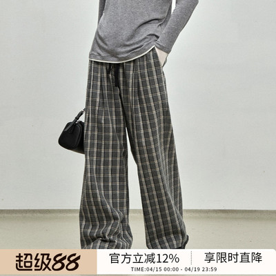 BLUEWEDIAN时尚经典灰白宽松格纹裤阔腿裤休闲裤女