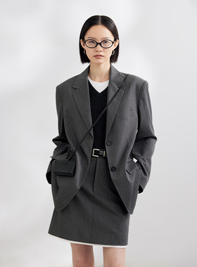 BLUEWEDIAN简约廓形老钱风宽松垫肩西装春季条纹A字半身裙套装