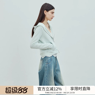 BLUEWEDIAN2026春季新品时尚静奢简约廓形休闲拉链连帽卫衣上衣