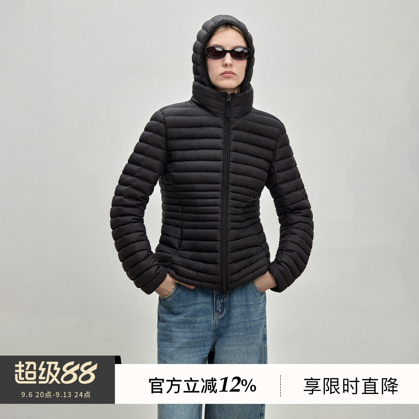 BLUEWEDIAN秋季时尚静奢休闲可拆卸帽子轻薄羽绒服外套女