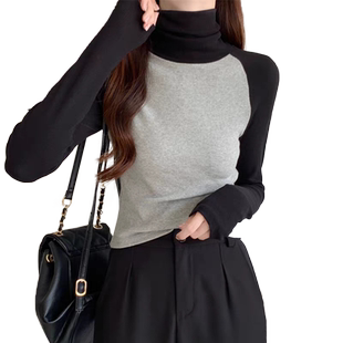 秋冬装新款高领拼色德绒长袖打底衫上衣韩版女装修身显瘦内搭外穿