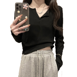 黑色V领长袖t恤女春秋新款宽松韩版休闲内搭打底衫显瘦百搭上衣服