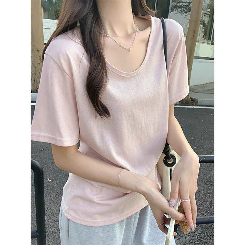 法式慵懒露锁骨v领t恤女士雪花棉短袖2026夏季新品宽松版显瘦上衣