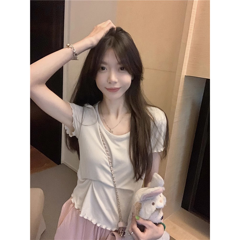 设计感好看衣服莫代尔木耳边设计感圆领短袖上衣夏季新款女装T恤