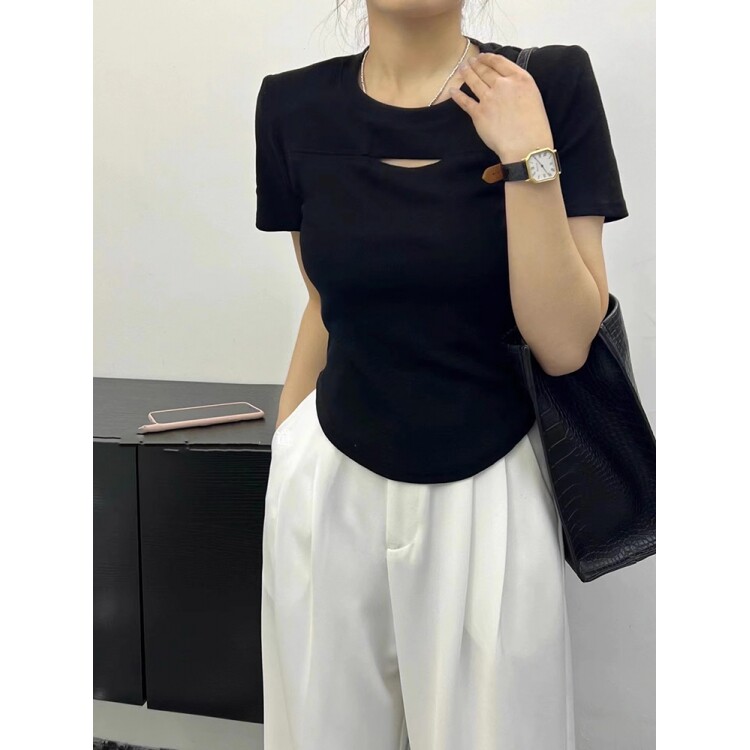 夏季遮肚子显瘦纯棉镂空设计短袖t恤女正肩上衣百搭弧形下摆圆领