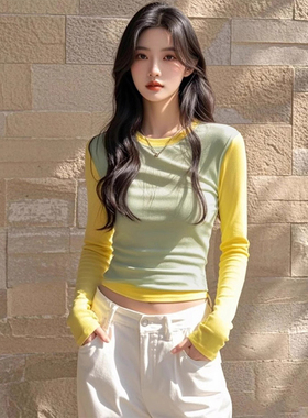 秋冬季修身设计感假两件撞色女多巴胺穿搭拼接双面德绒长袖打底衫