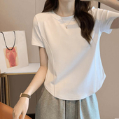 上衣潮 短袖 韩系鱼骨线设计显瘦圆领古着感纯棉T恤女夏季 小众韩版