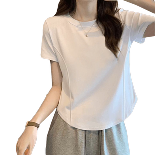 韩系鱼骨线设计显瘦圆领古着感纯棉T恤女夏季小众韩版短袖上衣潮