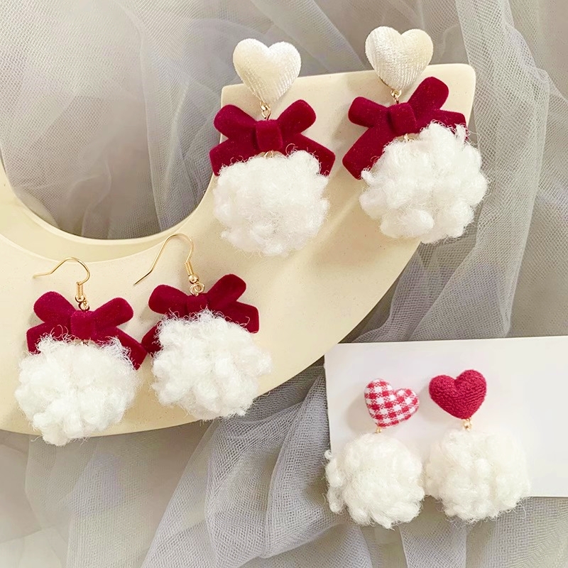 爱心丝绒蝴蝶结耳环秋冬毛绒酒红蝴蝶结银针耳钉短款耳夹耳勾