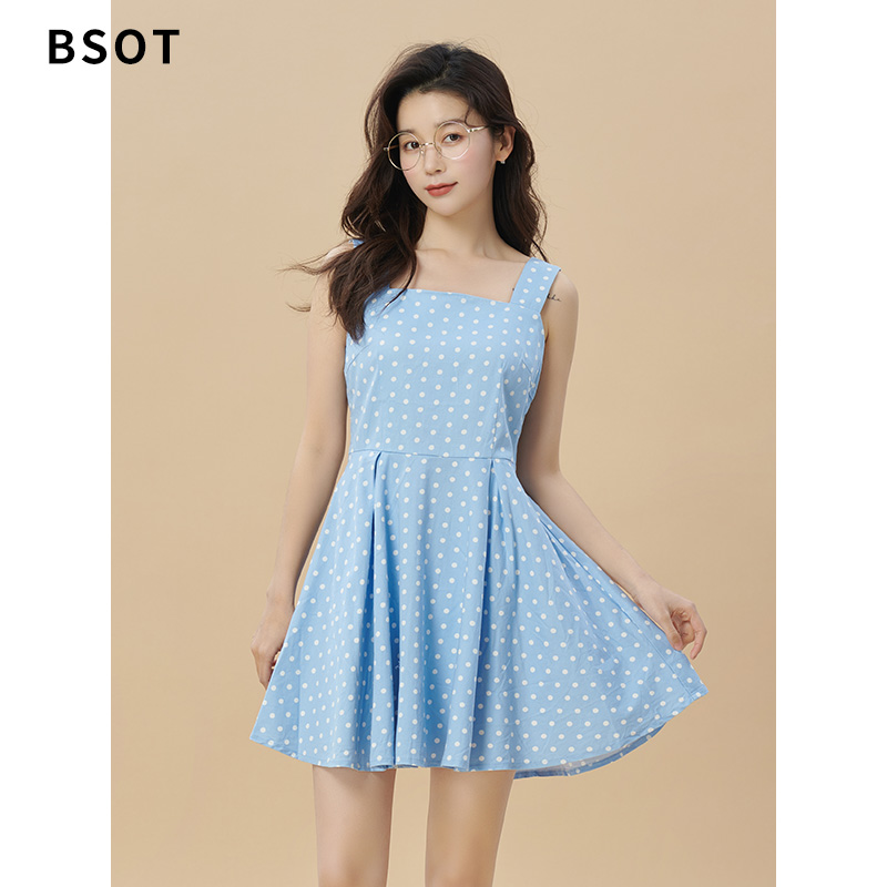 3BSOT连衣裙女夏2021新款百搭吊带裙淑女连衣裙小个子收腰波点裙子
