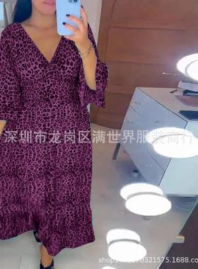 Large size V-neck leopard print dress seaside holiday beach