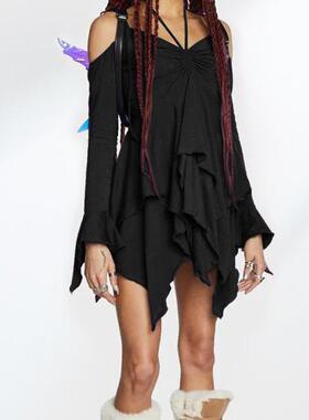 dress ruffle skirt suspender waist high sleeve long