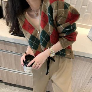 color green neck loose womens knitted contrast cardigan