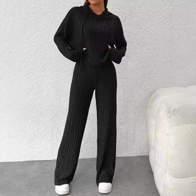Casual Sweater Set Long Hooded Loose Sleeve Striped Pants