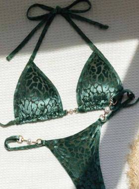 Sexy T-Back Pearl Leopard Fabric Swimsuit Bikini