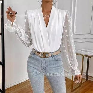 neck Splicing Lantern Loose Chiffon Top Shirt