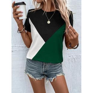 stitching loose contrast shirt Womens round color neck