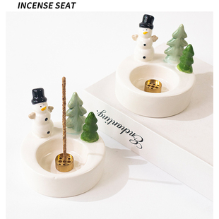 圣诞陶瓷雪人线香香插底座装 饰熏香香盘香托摆件可爱创意香座礼物