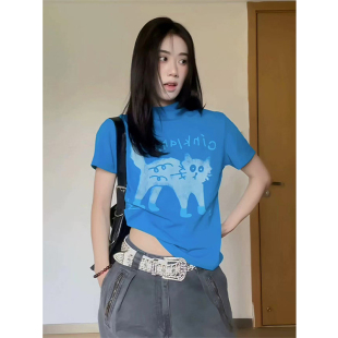 显瘦设计感小众短款 炸毛猫咪蓝色短袖 修身 美式 上衣 正肩女t恤夏季