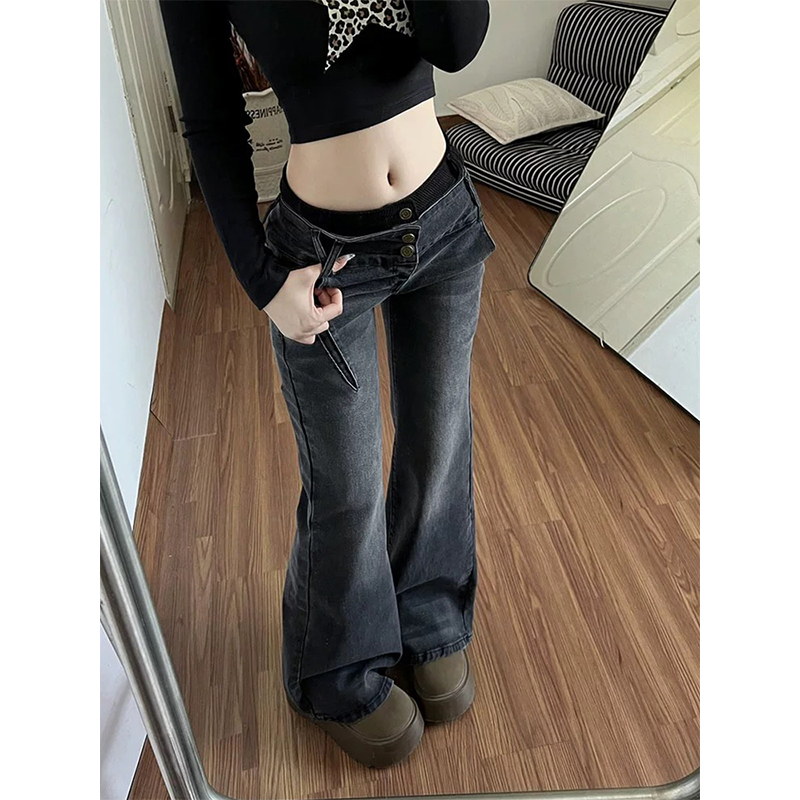 黑灰色微喇牛仔裤子女春秋冬直筒