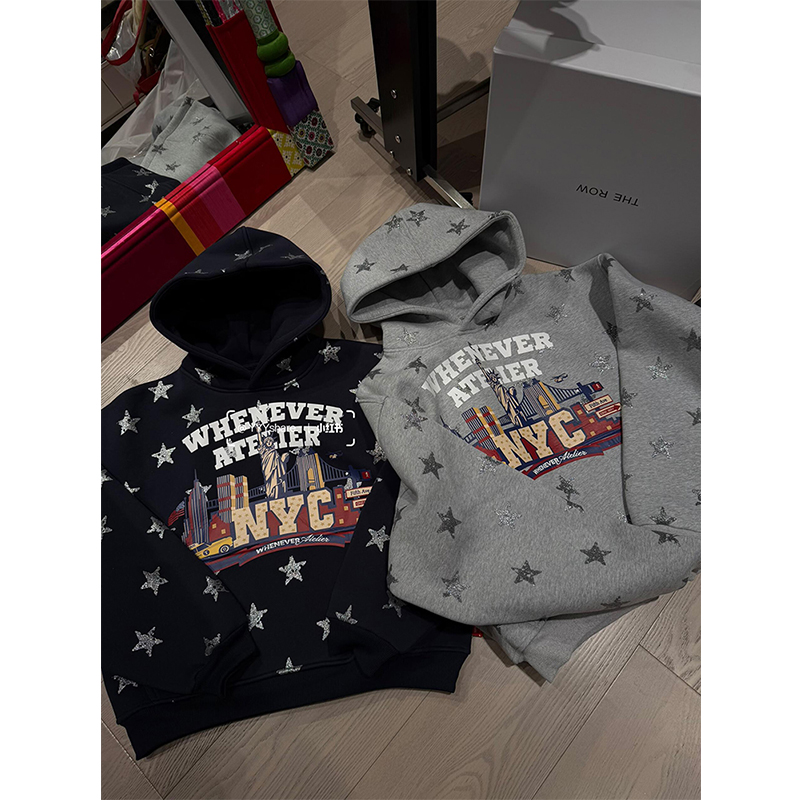 星星满印加绒加厚连帽卫衣女秋冬