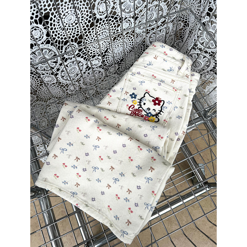 蝴蝶结满印kitty猫高腰牛仔裤女