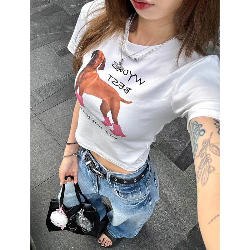 白色狗狗可爱正肩短袖t恤女上衣