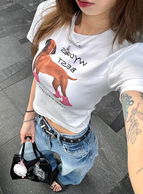 白色狗狗印花可爱正肩短袖t恤女夏季美式复古修身甜辣妹短款上衣