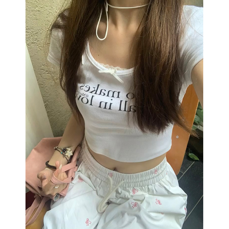 蕾丝花边正肩短袖t恤女短款上衣