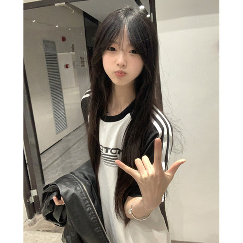 潮牌美式复古条纹撞色短袖t恤女