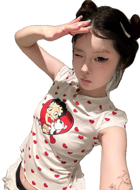 爱心波点正肩短袖t恤女短款上衣