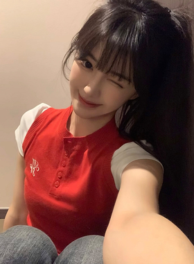 红色马甲针织衫无袖吊带背心女夏季外穿设计感小众短款甜辣妹上衣