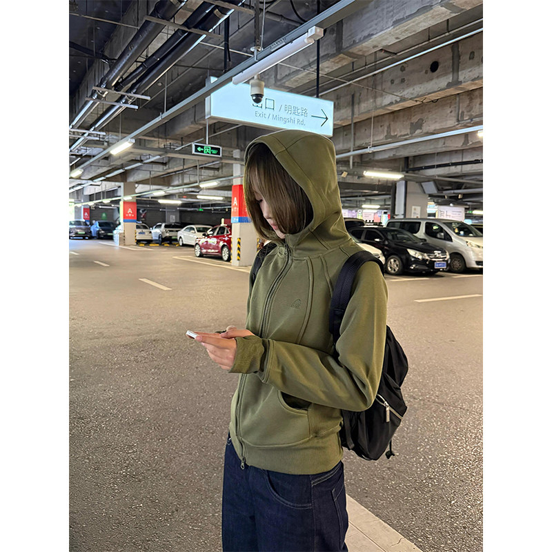 绿色分割拼接修身拉链开衫连帽卫衣女春秋季显瘦百搭运动开衫外套