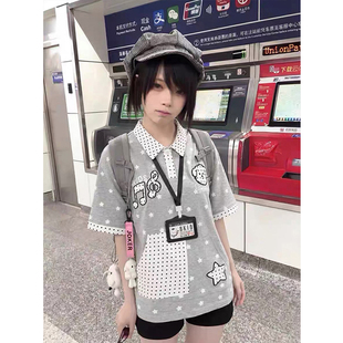 波点小狗学院风假两件polo衫领短袖t恤女夏季日系设计感小众上衣