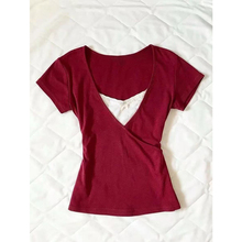 红色V领短袖正肩设计感t恤女夏季甜辣妹修身别致绝美短款小众上衣