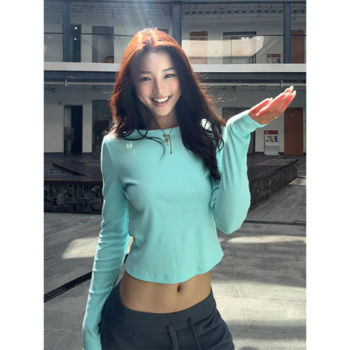 薄荷绿长袖打底衫短款女古早上衣